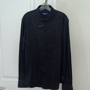 New Men's Stone Rose Long Sleeve Knit Shirt M charcoal gray w blue polka dots